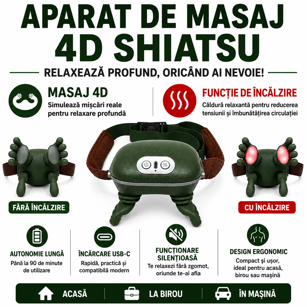 Aparat de Masaj 4D Shiatsu cu Încălzire – Relaxare și Confort Oriunde Ai Nevoie