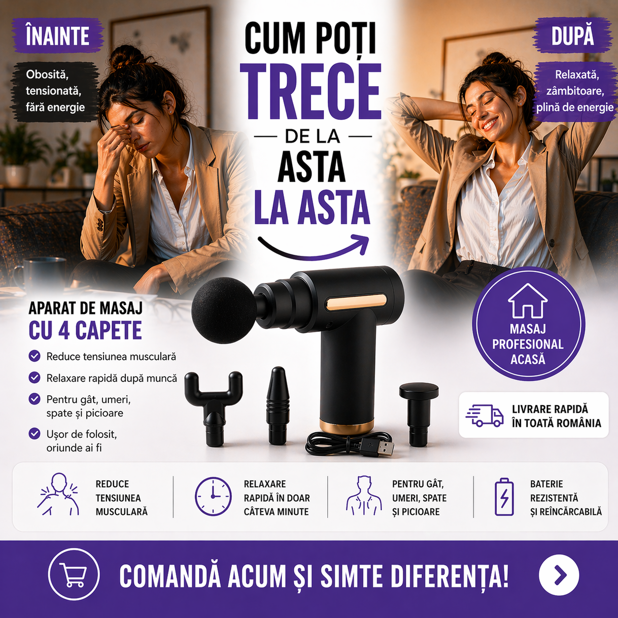 Aparat de Masaj Muscular cu 4 Capete – Relaxare, Recuperare și Confort Zilnic